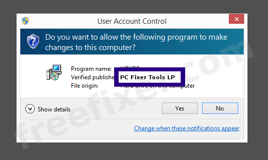 Screenshot where PC Fixer Tools LP appears as the verified publisher in the UAC dialog